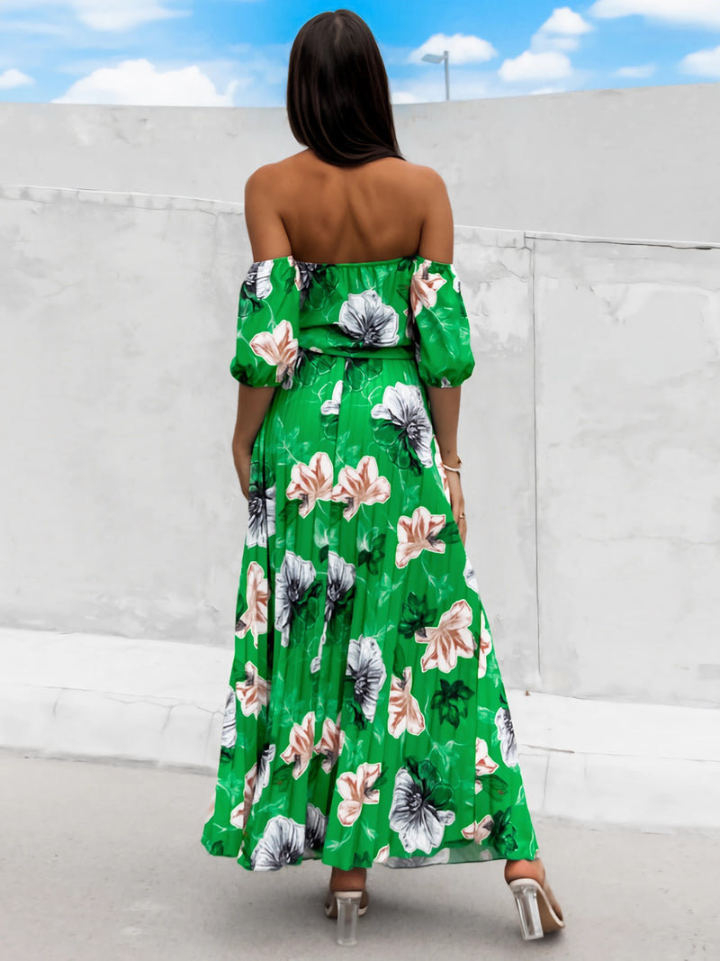 Dayna Pleated Floral Off-Shoulder Short Sleeve Midi Dress