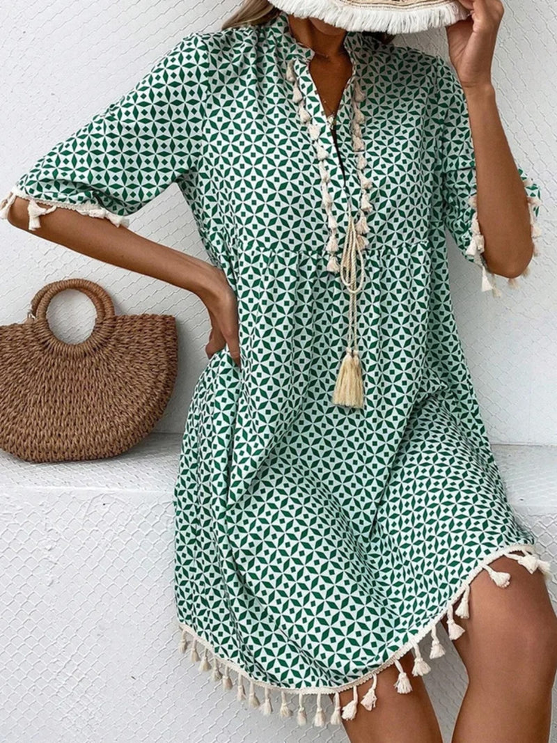 Bree Tassel Printed Notched Half Sleeve Mini Dress