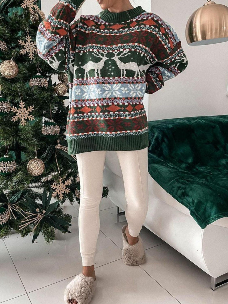 Christmas Geometric Round Neck Dropped Shoulder Sweater