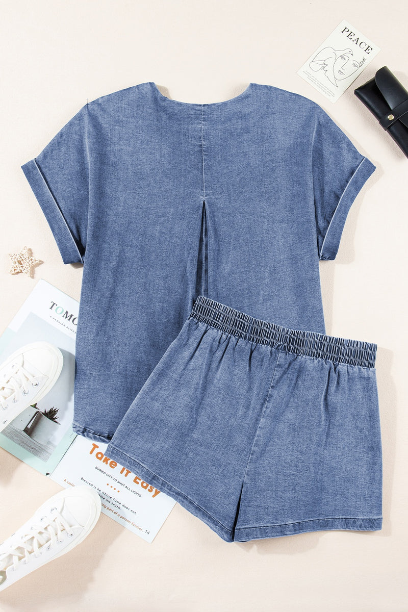 Aspen Round Neck Short Sleeve Top and Shorts Denim Set