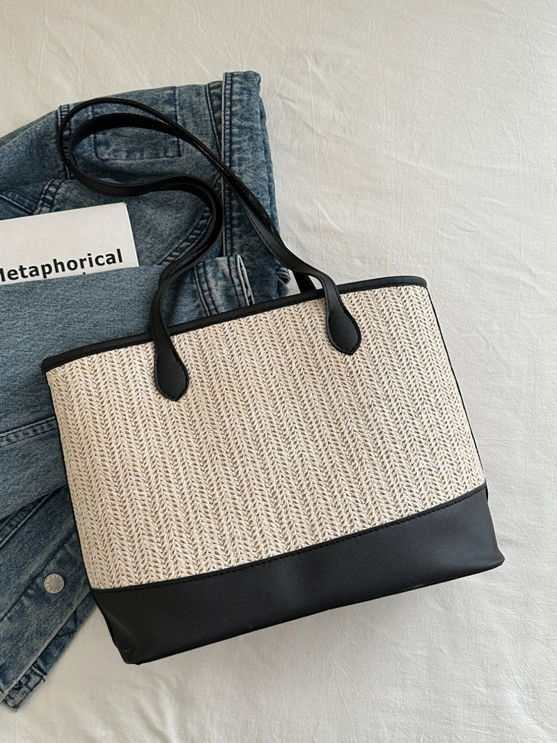 Delia Contrast Straw Woven Tote Bag