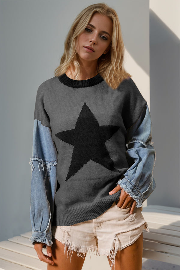 Everly Double Take Full Size Star Pattern Raw Edge Long Sleeve Sweater