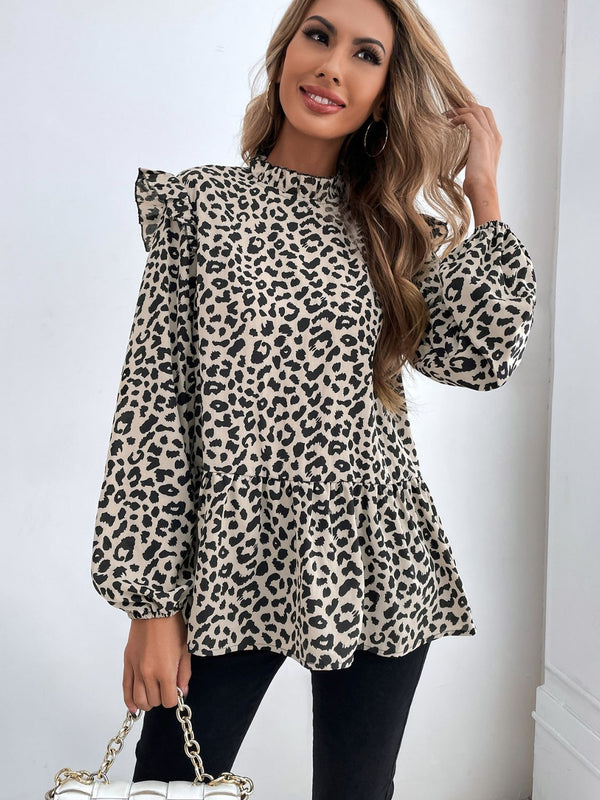 Marie Ruffled Leopard Mock Neck Long Sleeve Blouse