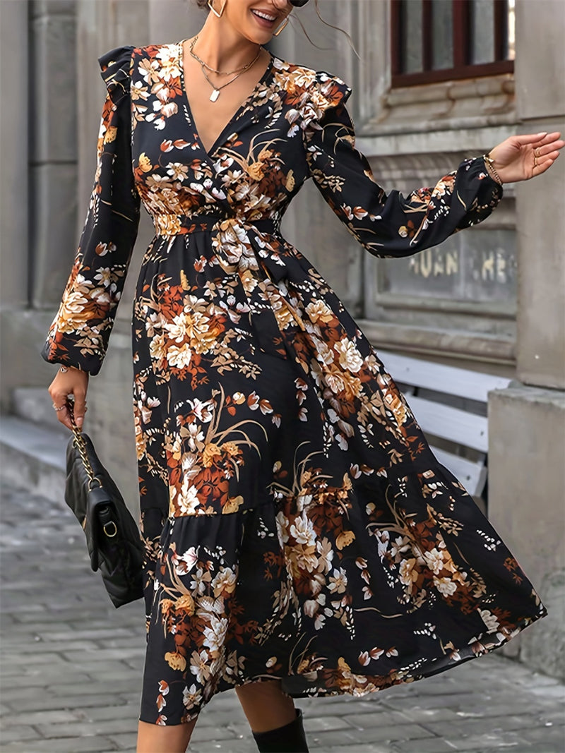 Sofia Ruffled Printed Surplice Long Sleeve Midi Dress