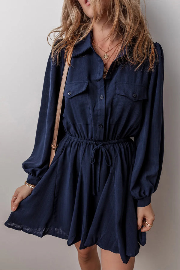 Nola Drawstring Half Button Long Sleeve Dress