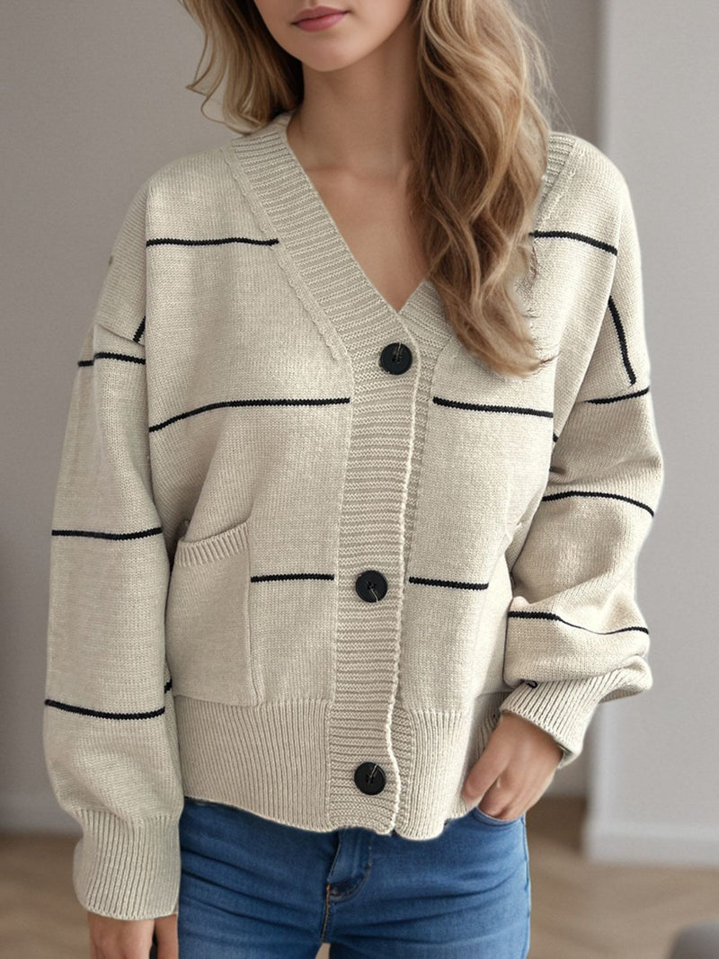 Lorelia Striped Button Down V-Neck Long Sleeve Cardigan