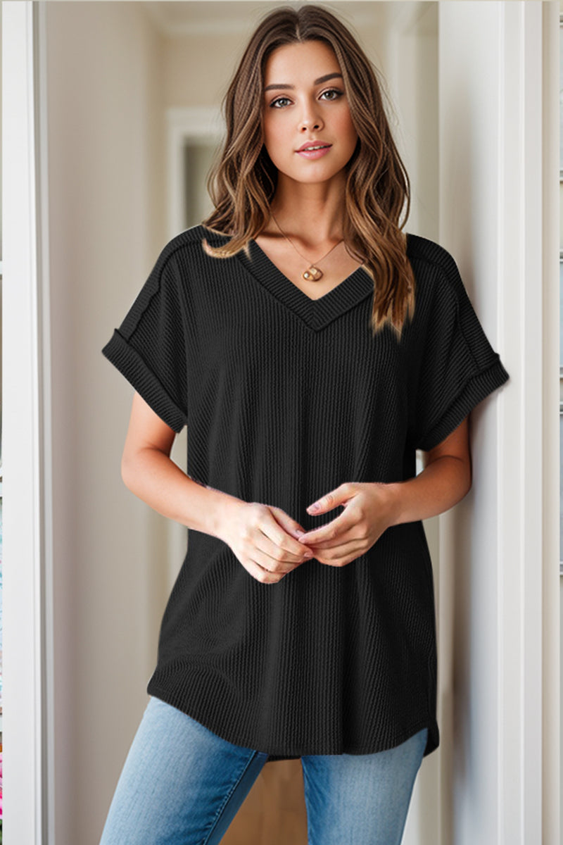 Alice Textured V-Neck Short Sleeve Top