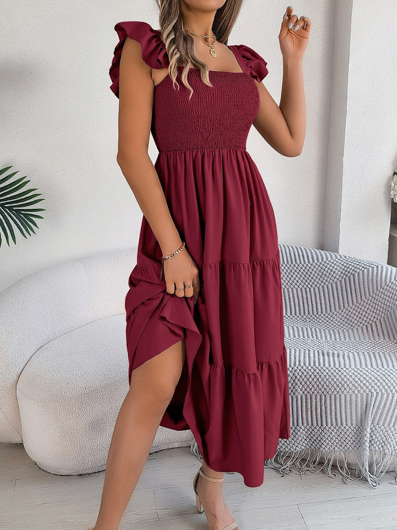 Perry Smocked Square Neck Cap Sleeve Midi Dress