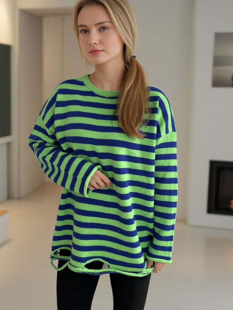 Luna Distressed Striped Round Neck Long Sleeve Sweater