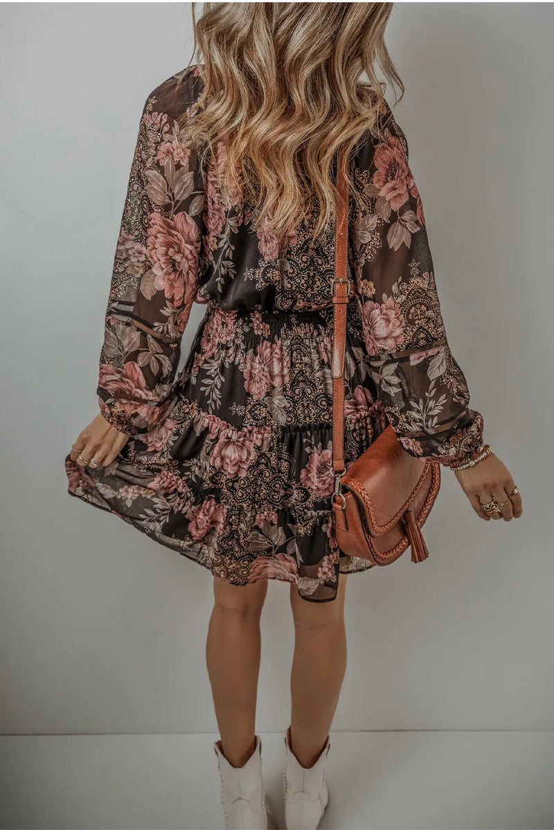 Kari Printed Tie Neck Long Sleeve Mini Dress