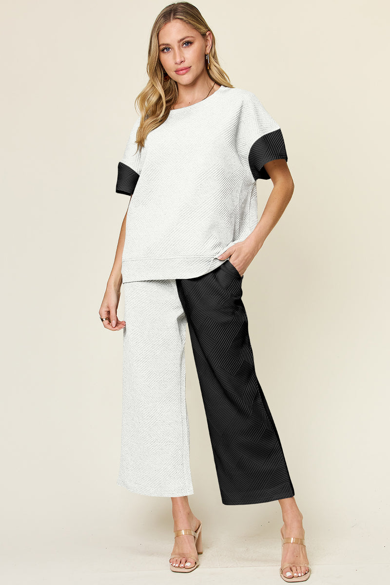 Avis Double Take Full Size Texture Contrast T-Shirt and Wide Leg Pants Set