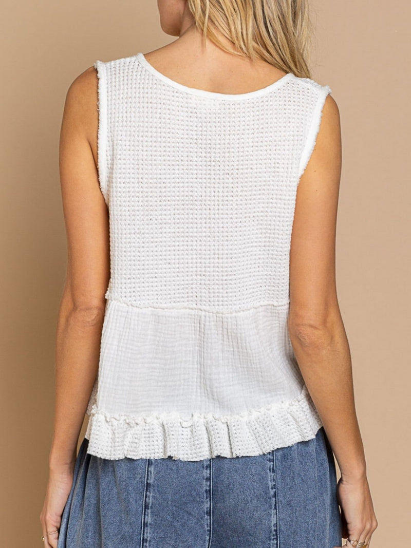 Brooke Waffle-Knit Frill V-Neck Tank