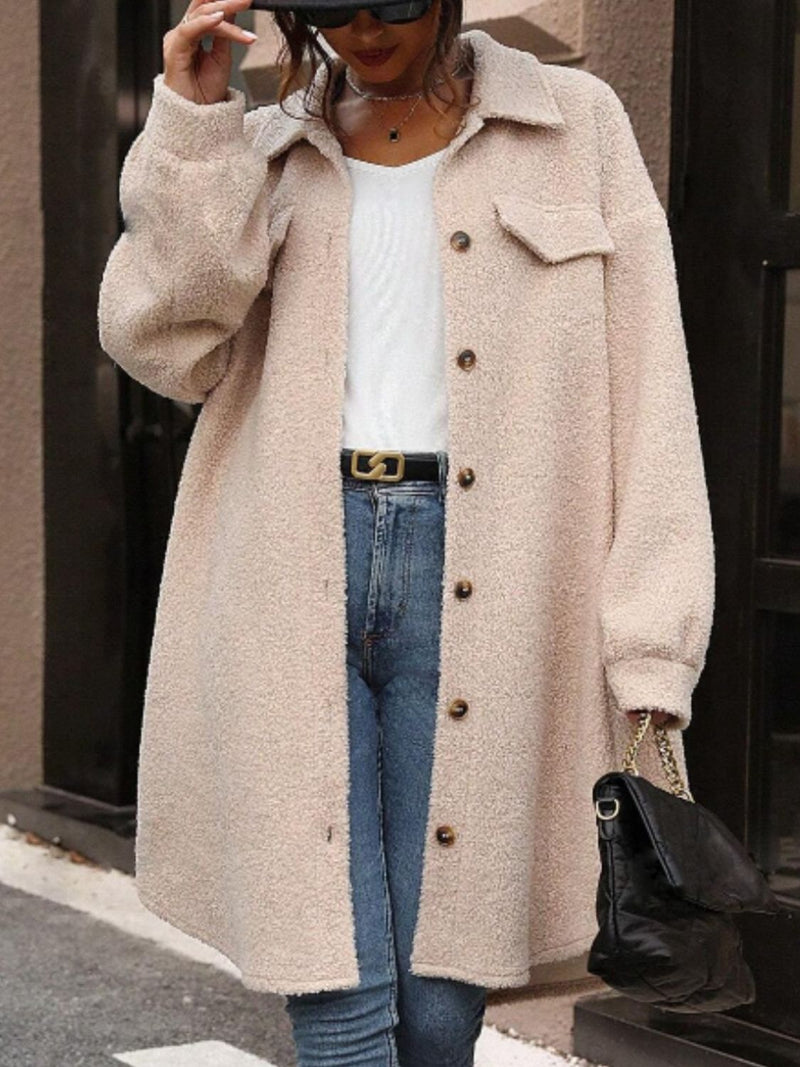 Sadie Button Up Drop Shoulder Sherpa Coat