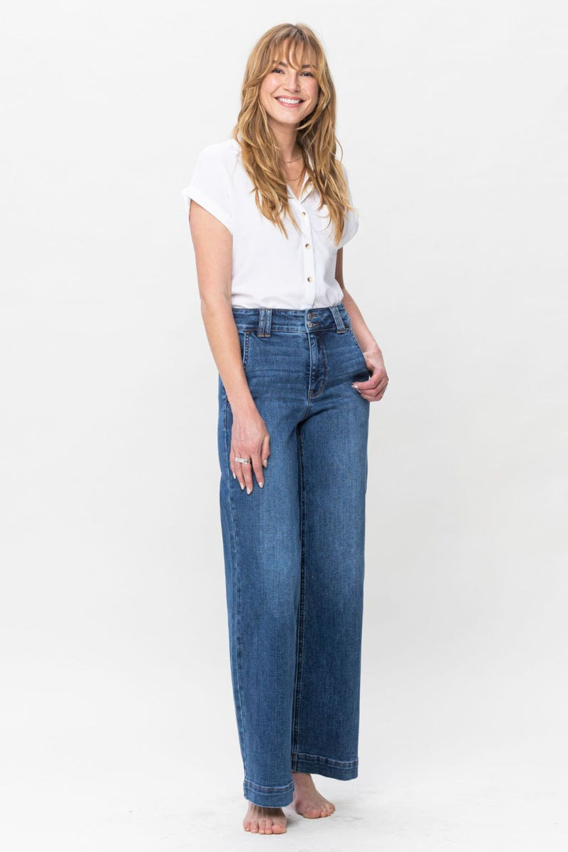 Rosie Judy Blue Full Size Double Button Wide Leg Jeans