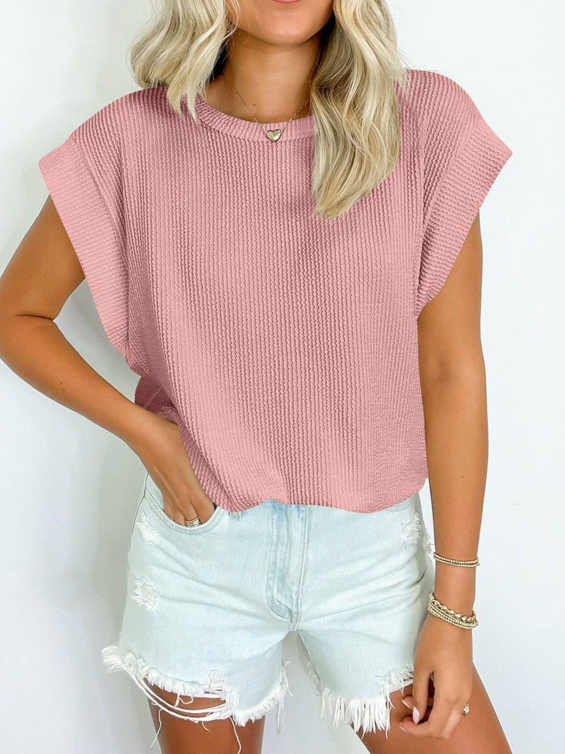 Lynn Textured Round Neck Cap Sleeve Blouse