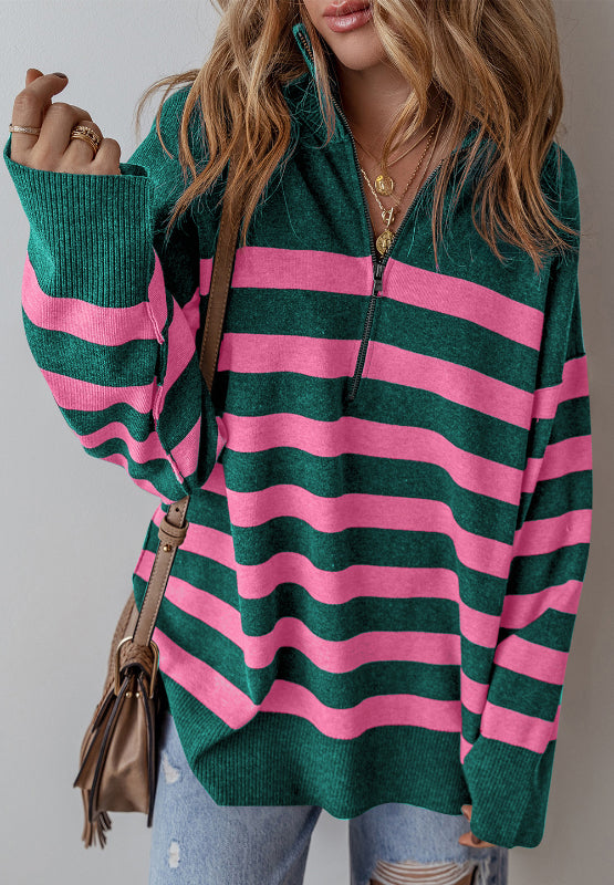 Salem Contrast Striped Quarter Zip Long Sleeve Sweater