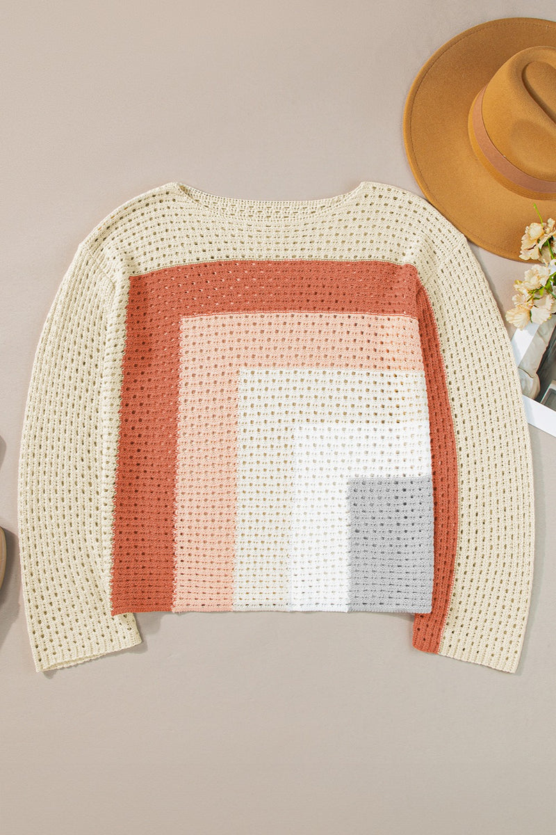 Thora Openwork Color Block Long Sleeve Knit Top