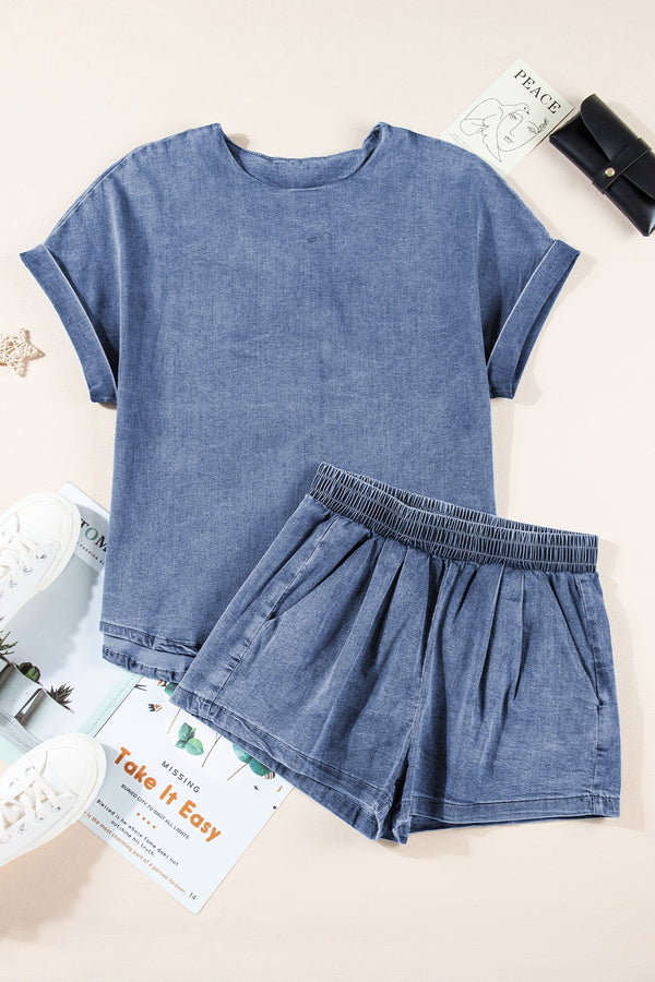 Aspen Round Neck Short Sleeve Top and Shorts Denim Set