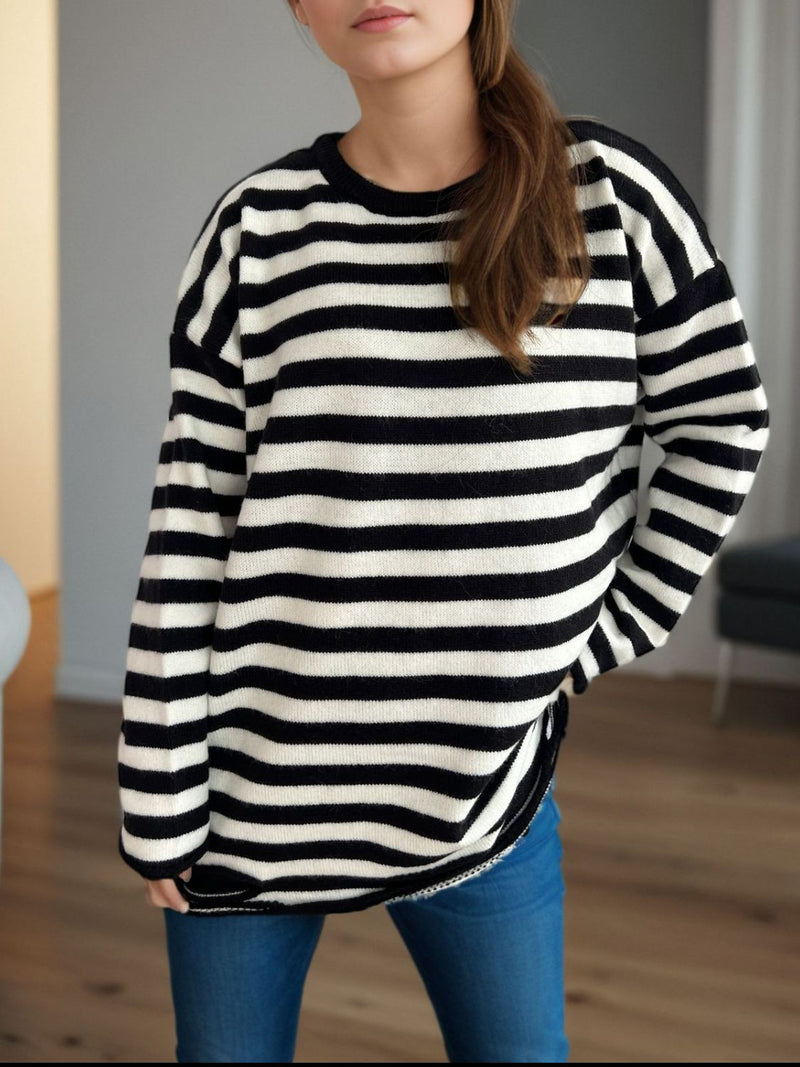 Luna Distressed Striped Round Neck Long Sleeve Sweater