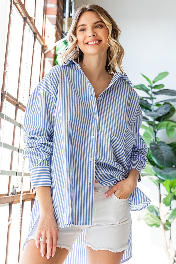 Kayla Striped Button Down High-Low Hem Shirt