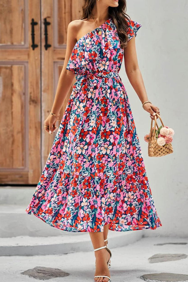 Ashlee Ruffled Tied Printed One Shoulder Dress