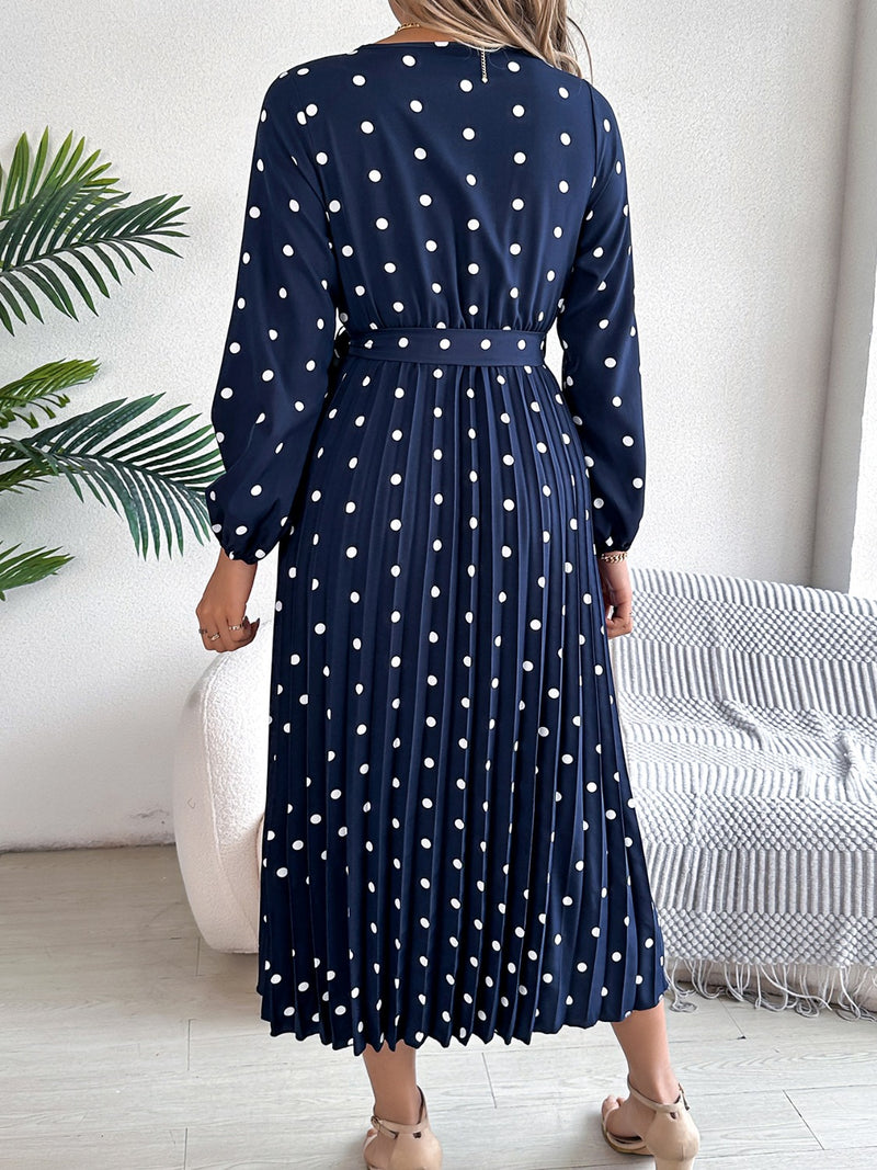 Carrie Tied Polka Dot Long Sleeve Midi Dress