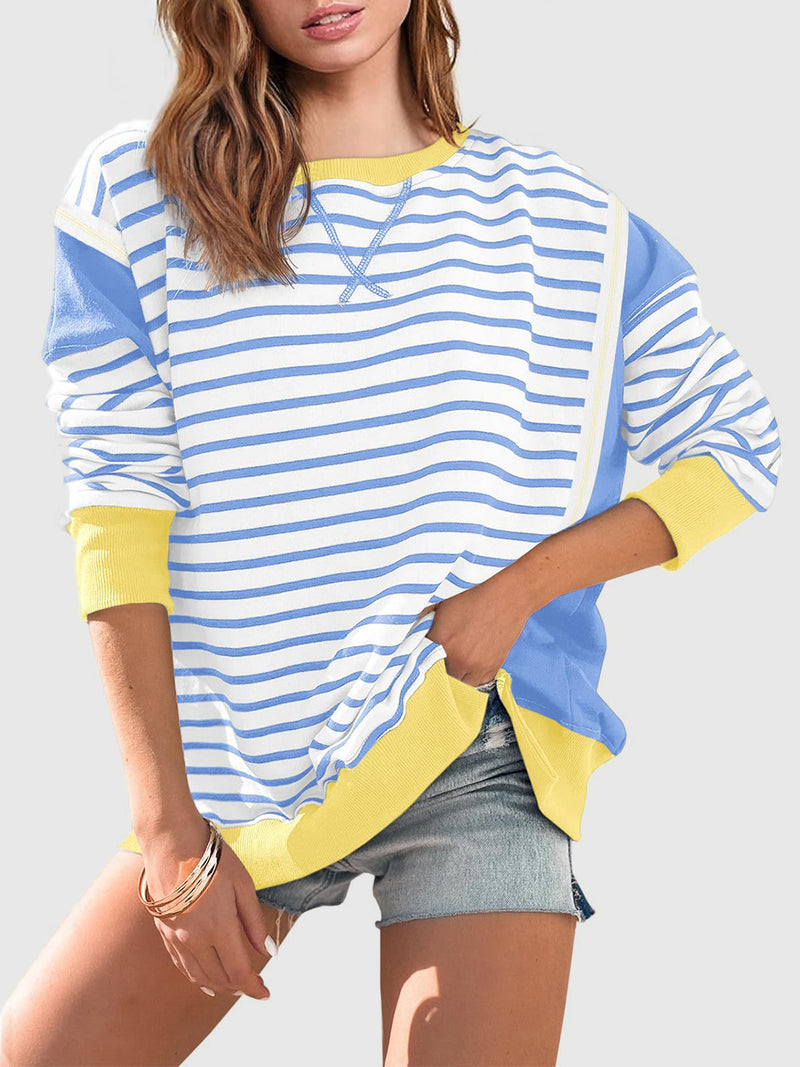 Chalesa Slit Exposed Seam Striped Long Sleeve Sweatshirt