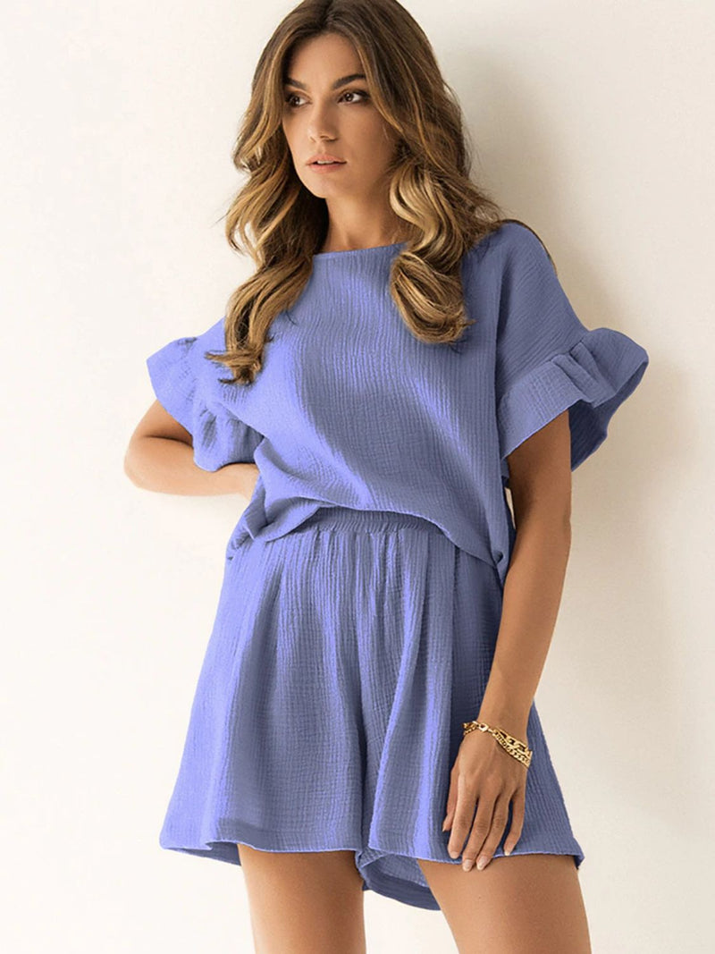 Callahan Ruffled Round Neck Top and Shorts Set