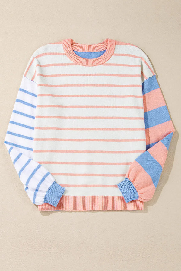 Lindsey Contrast Striped Round Neck Long Sleeve Sweater