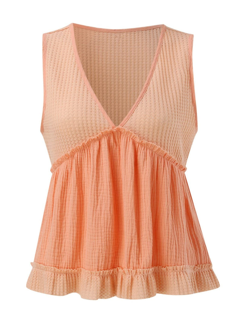 Brooke Waffle-Knit Frill V-Neck Tank