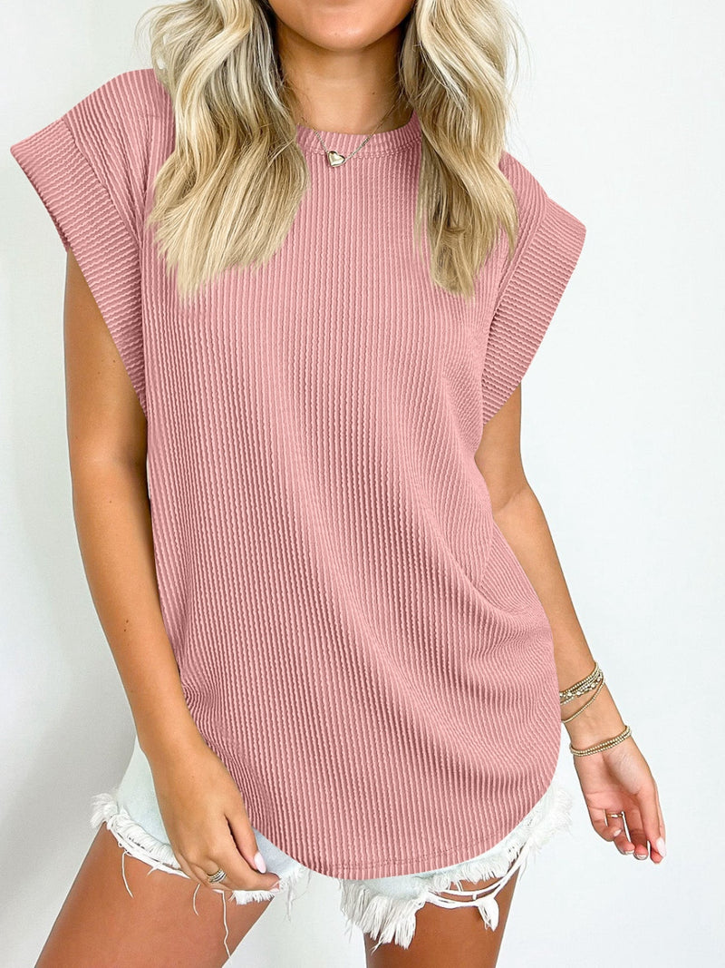 Lynn Textured Round Neck Cap Sleeve Blouse