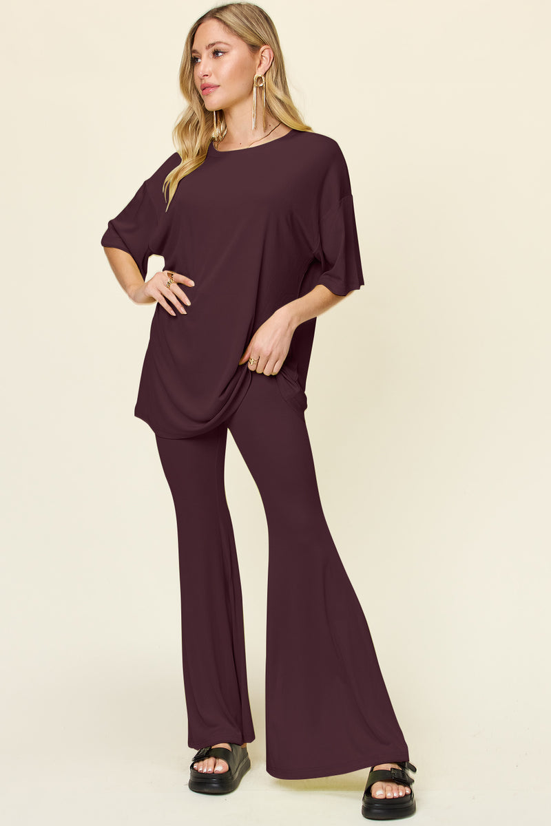 Ames Full Size Round Neck Drop Shoulder T-Shirt and Flare Pants Set