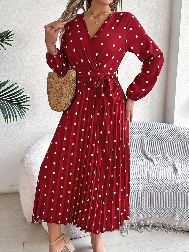 Carrie Tied Polka Dot Long Sleeve Midi Dress