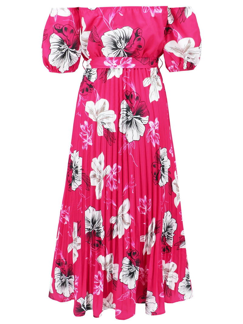 Dayna Pleated Floral Off-Shoulder Short Sleeve Midi Dress