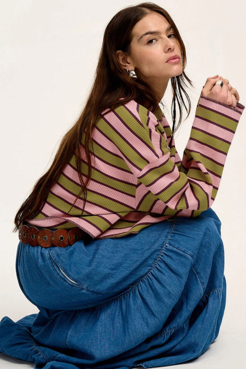 Jillie Striped Notched Long Sleeve T-Shirt