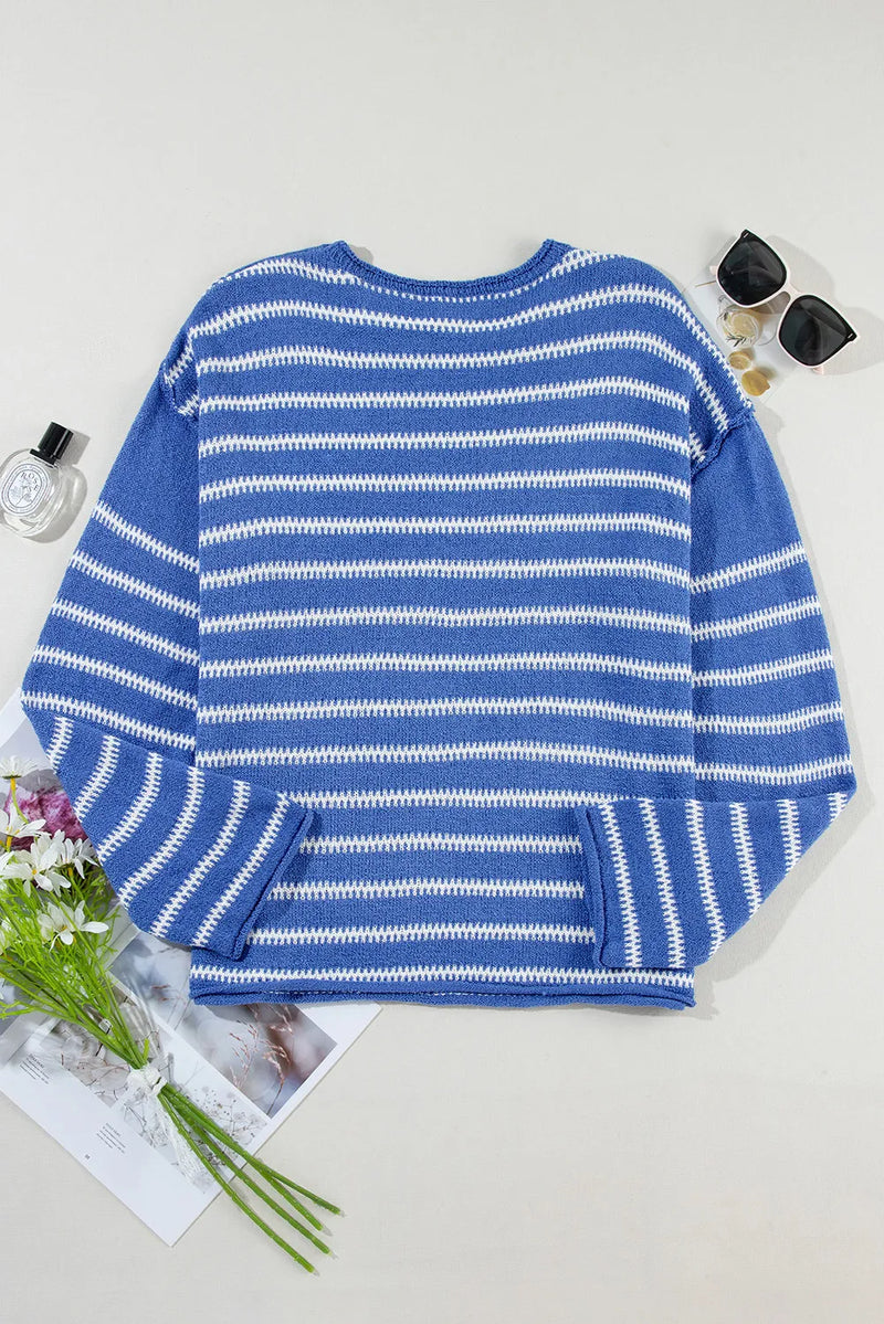 Brianna Striped Round Neck Dropped Shoulder Sweater