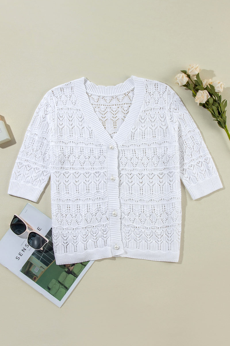 Jadin Openwork V-Neck Half Sleeve Cardigan