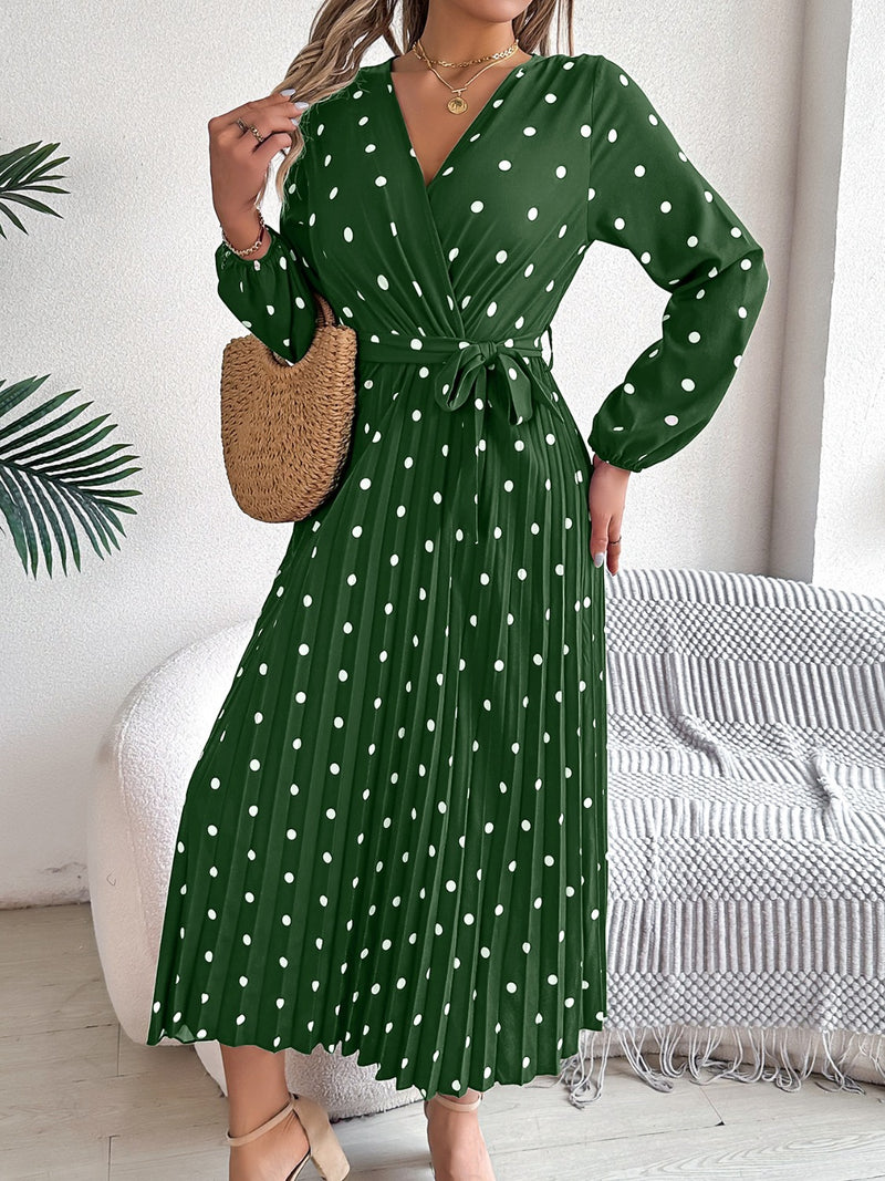 Carrie Tied Polka Dot Long Sleeve Midi Dress