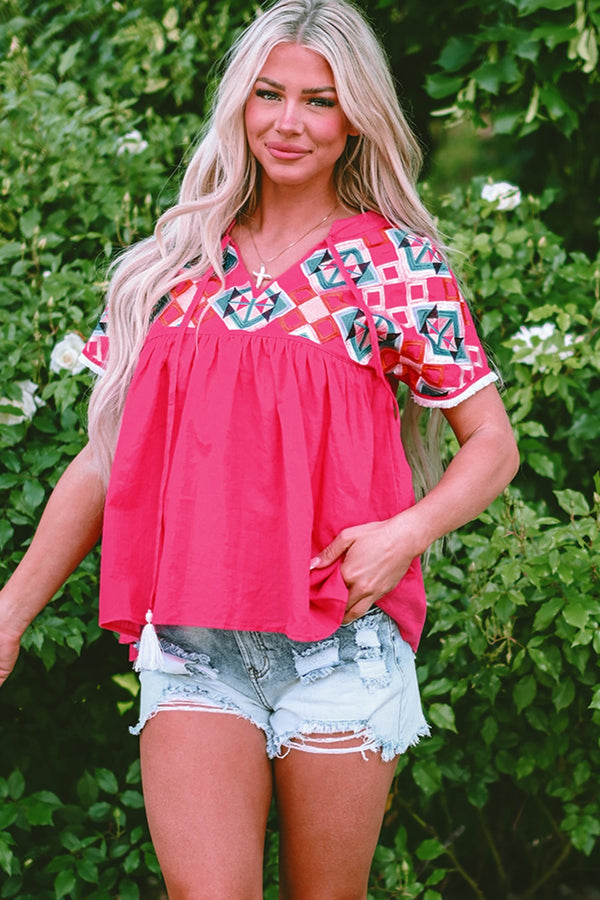 Natalie Embroidered Tie Neck Short Sleeve Blouse