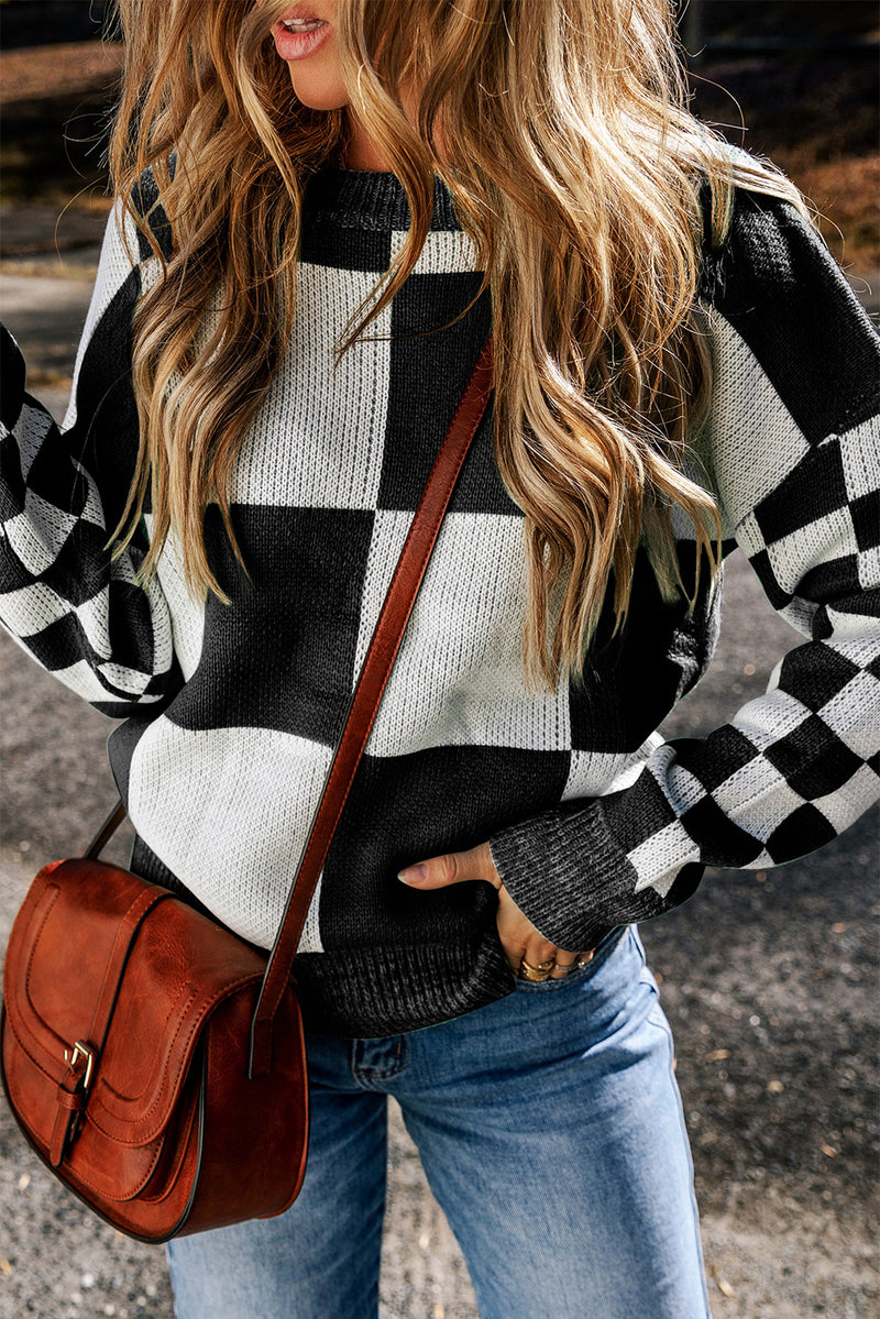 Amber Checkered Round Neck Drop Shoulder Sweater