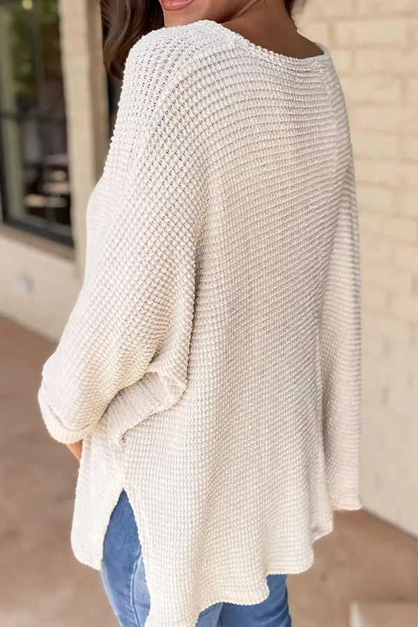 Tony Waffle-Knit Slit V-Neck Long Sleeve Blouse