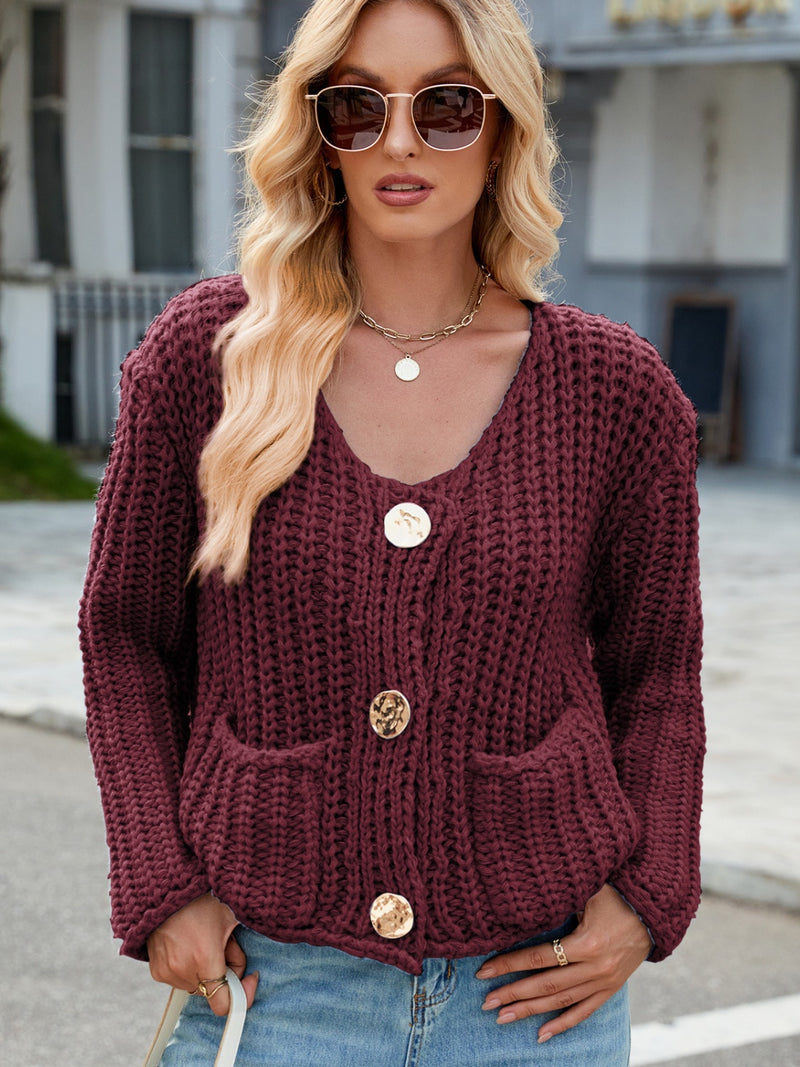 Katie Round Neck Button Up Cardigan with Pockets