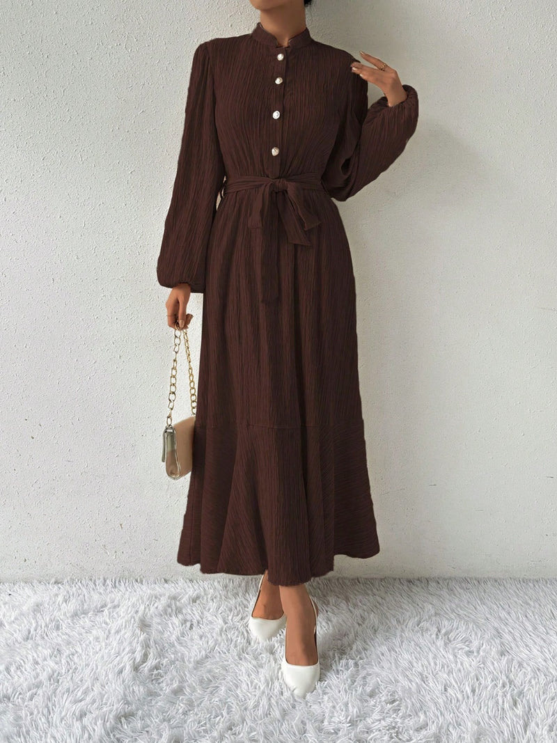 Thea Half Button Tie Waist Long Sleeve Maxi Dress