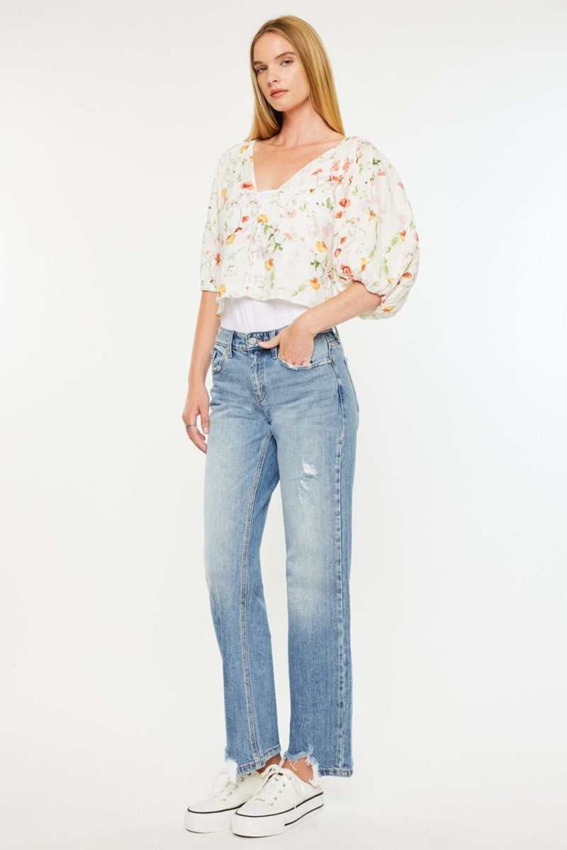 Beatrice Kancan Mid Rise Frayed Hem Straight Jeans