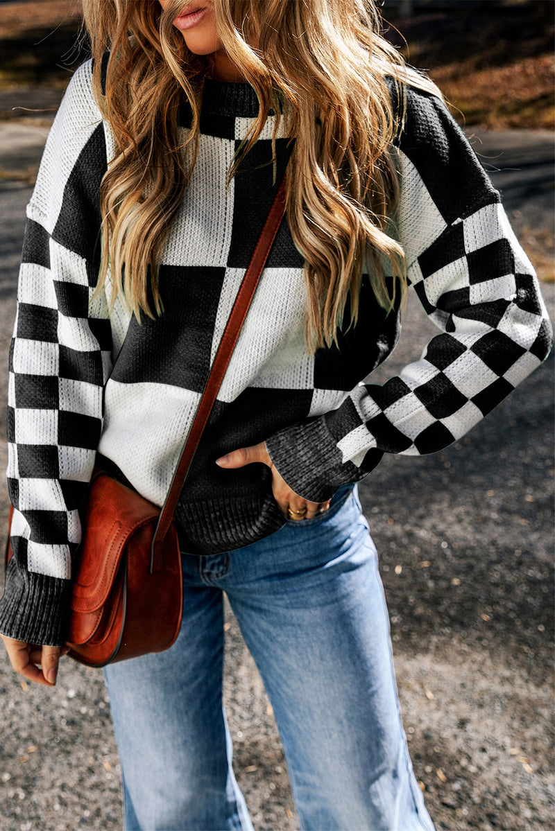 Amber Checkered Round Neck Drop Shoulder Sweater