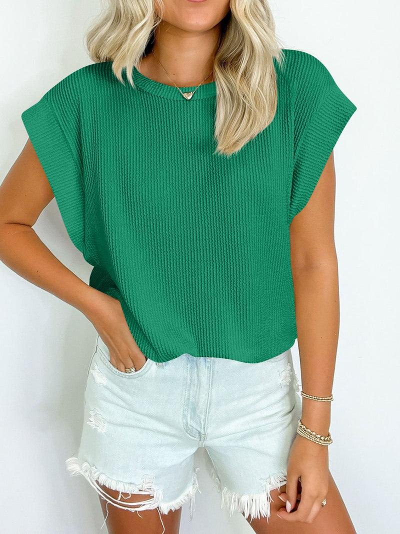 Lynn Textured Round Neck Cap Sleeve Blouse