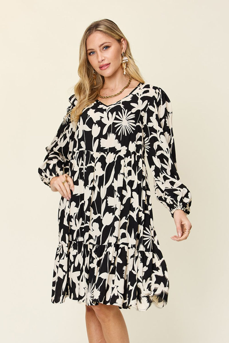 Journee Full Size Printed Ruffle Hem Long Sleeve Dress