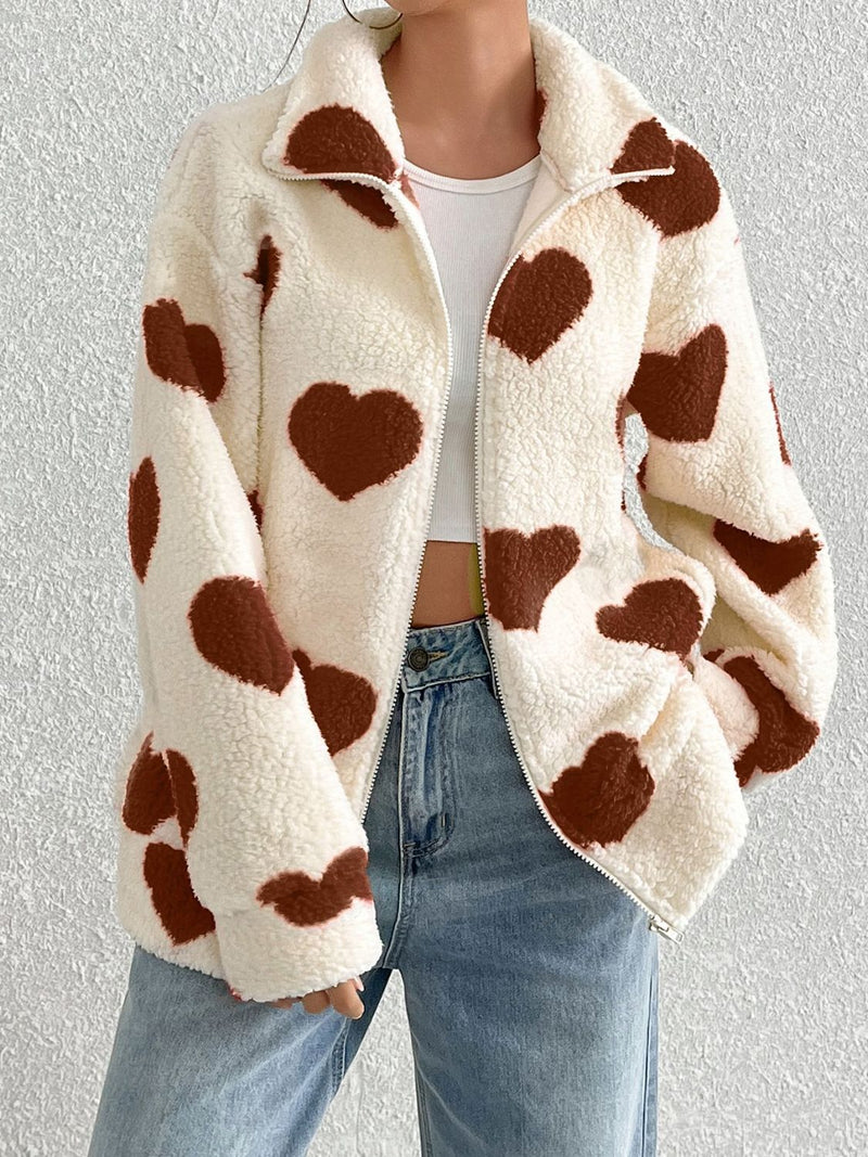 Hartley Heart Zip Up Drop Shoulder Furry Jacket