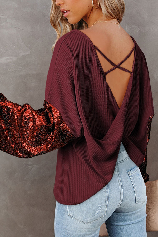 Daphne Sequin Crisscross Boat Neck Long Sleeve Blouse