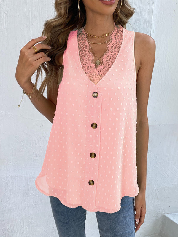 Pearlie Swiss Dot Lace Detail V-Neck Tank